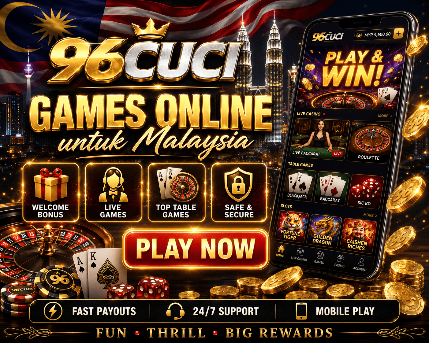 96CUCI - games and live table welcome visual 96CUCI live table and casino game scene with cards, chips, and game symbols
