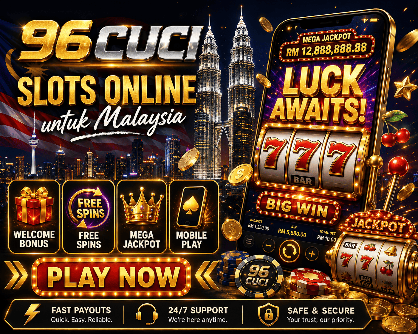 96CUCI - slot reels and mobile play 96CUCI slot reels with coins, game symbols, and a mobile play layout
